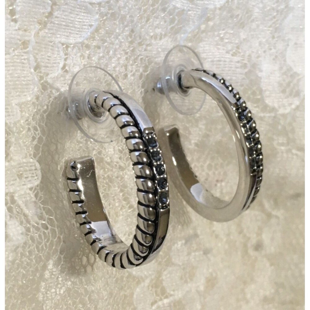 Silver Tone Hoop Earrings with Gray Rhinestones Pierced Shiny Detailed